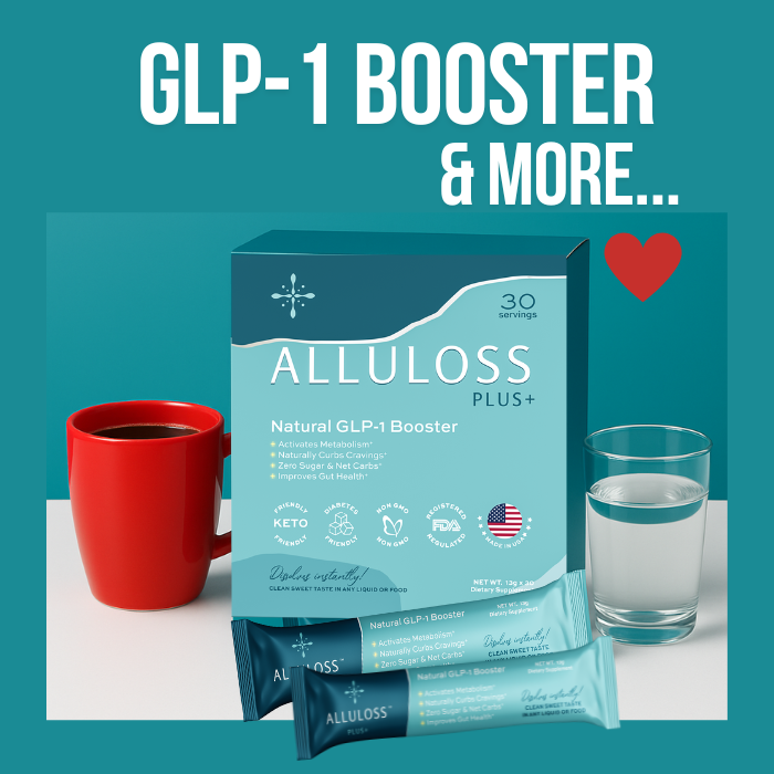 Alluloss GLP-1 Booster box with coffee and water.
